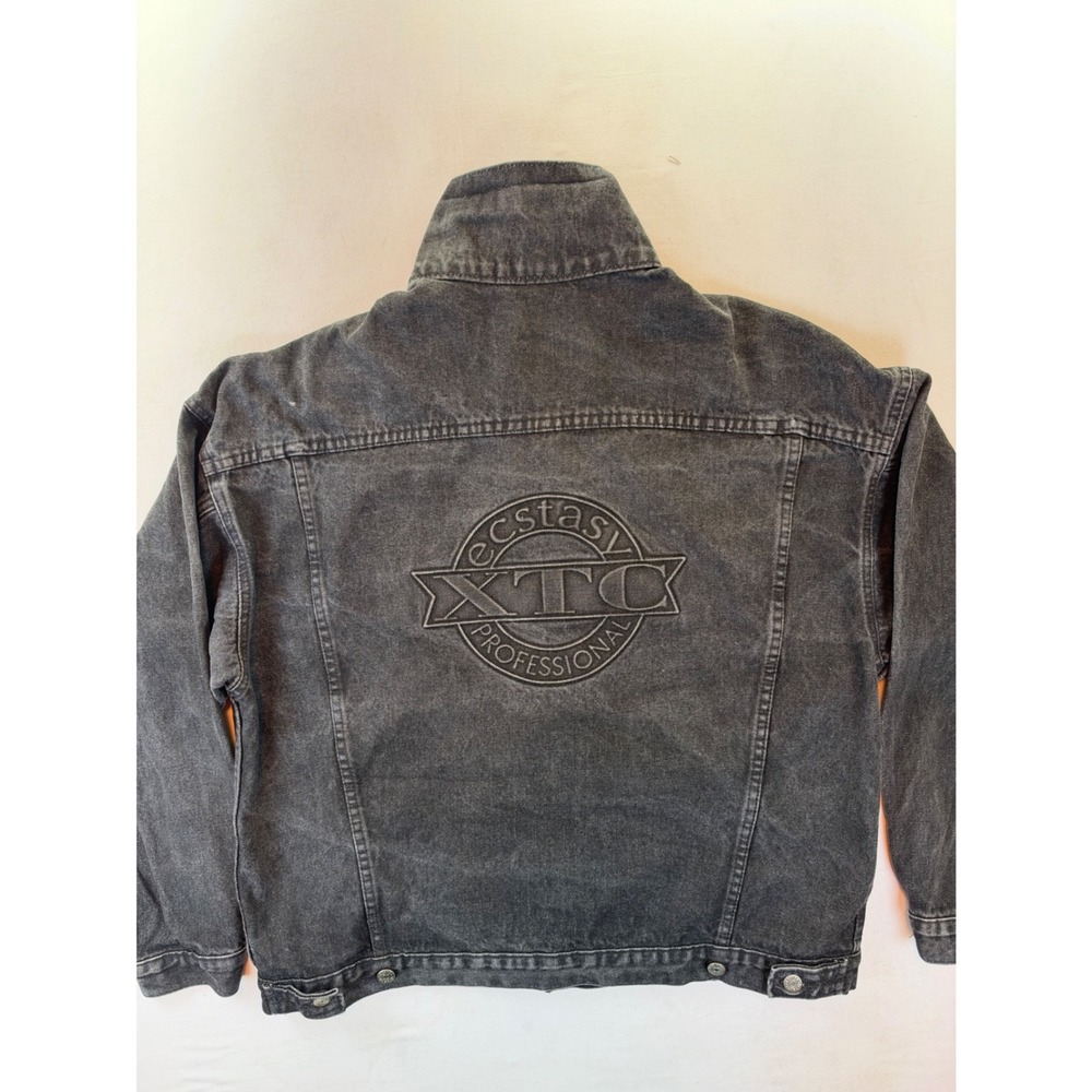 Vintage Ecstasy XTC Professional Denim Jacket Black Distressed Mens XL USA Made